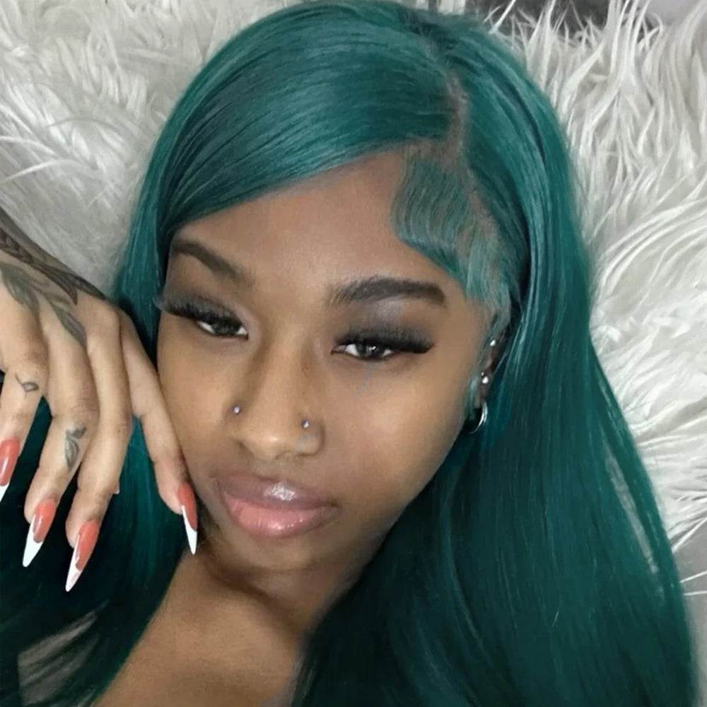 Glueless Lace Front Synthetic Dark Green Long Straight Wig