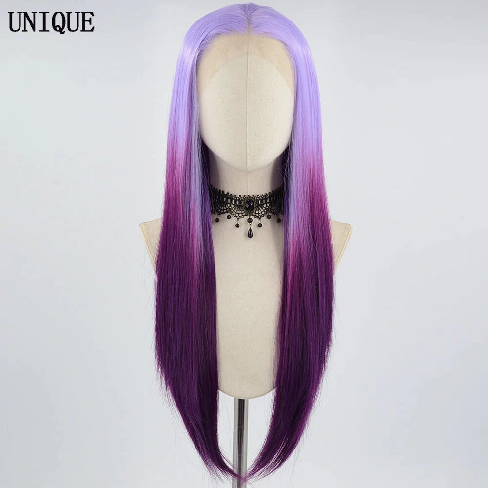 Glueless Synthetic Lace Front Straight Ombre Purple Wigs