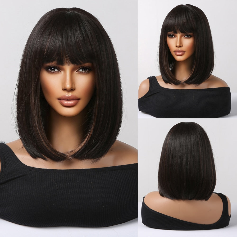 Synthetic Ombre Short Straight Bob with Bangs Wig