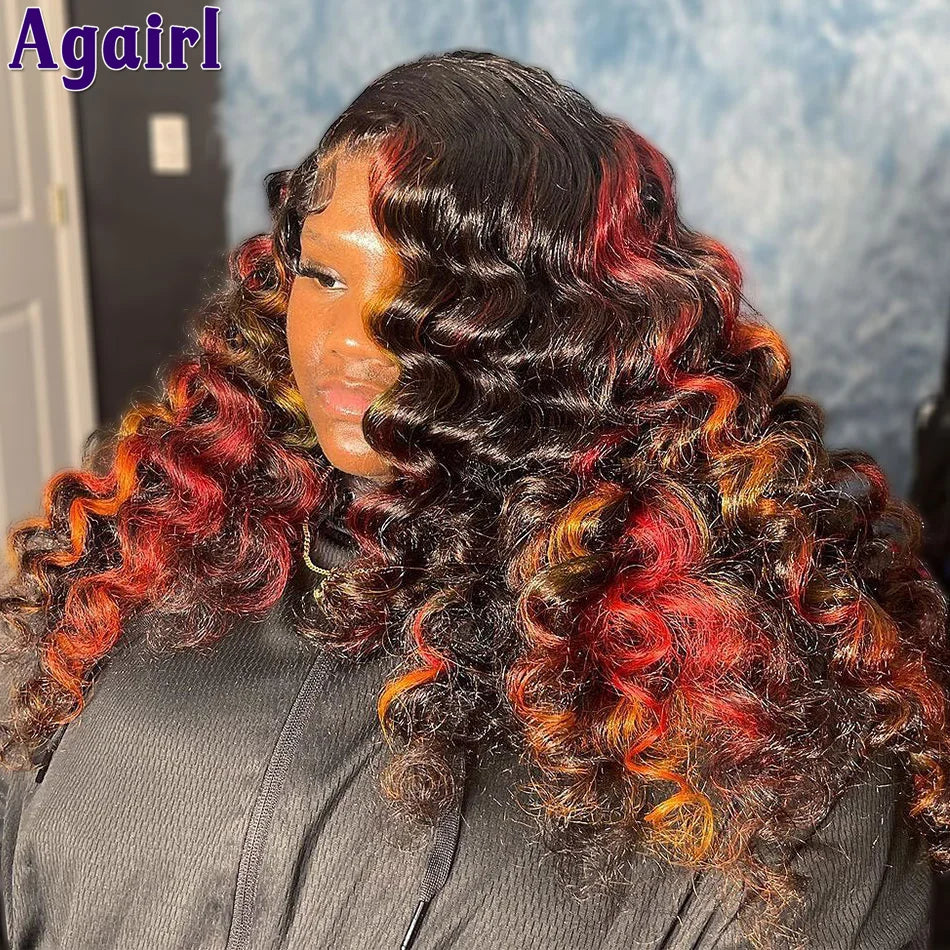 Lace Front Red Orange With Black Highlight Loose Wave Human Hair Wigs