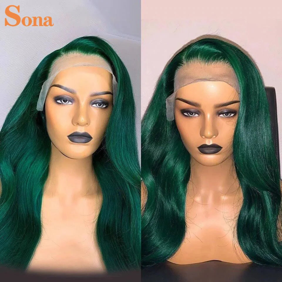 Lace Front Dark Green  Human Hair Pre-Plucked Wig