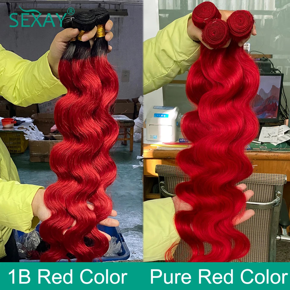 Red Ombre Body Wave Brazilian  Human Hair Weave Bundles With Closure