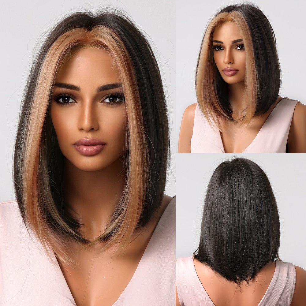 Synthetic Ombre Short Straight Bob with Bangs Wig