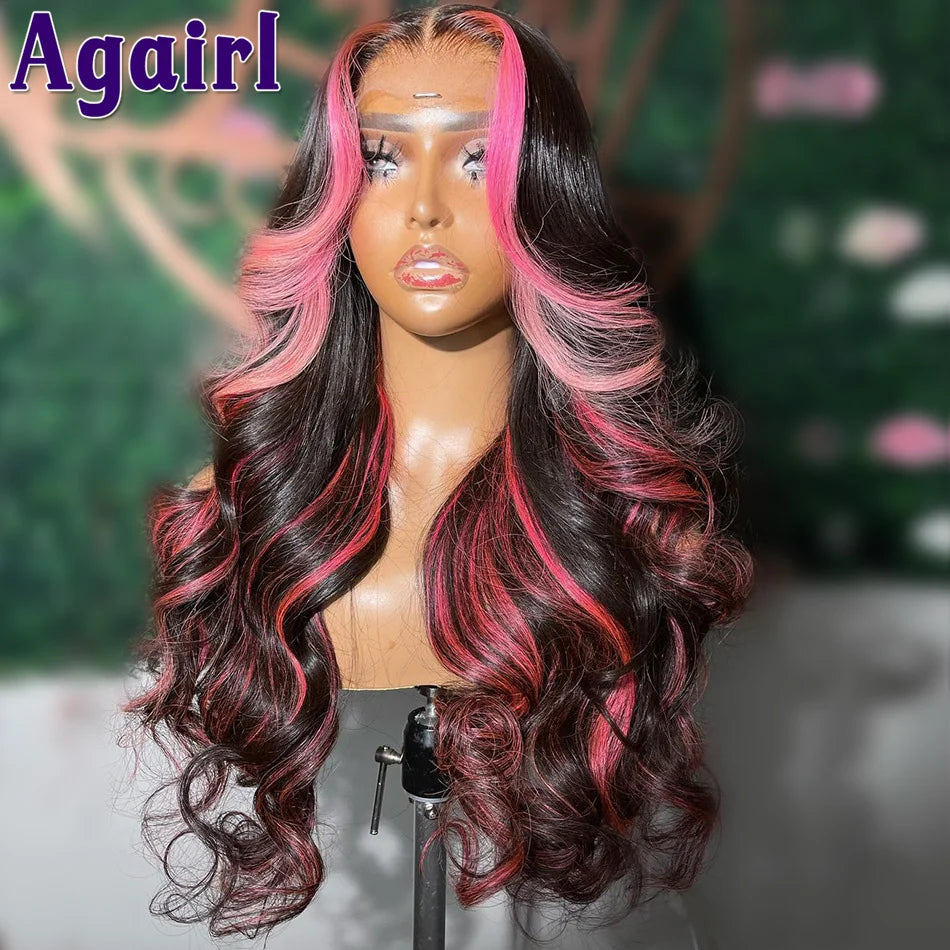 Lace Frontal Highlight Ombre Pink Human Hair Body Wave Wig