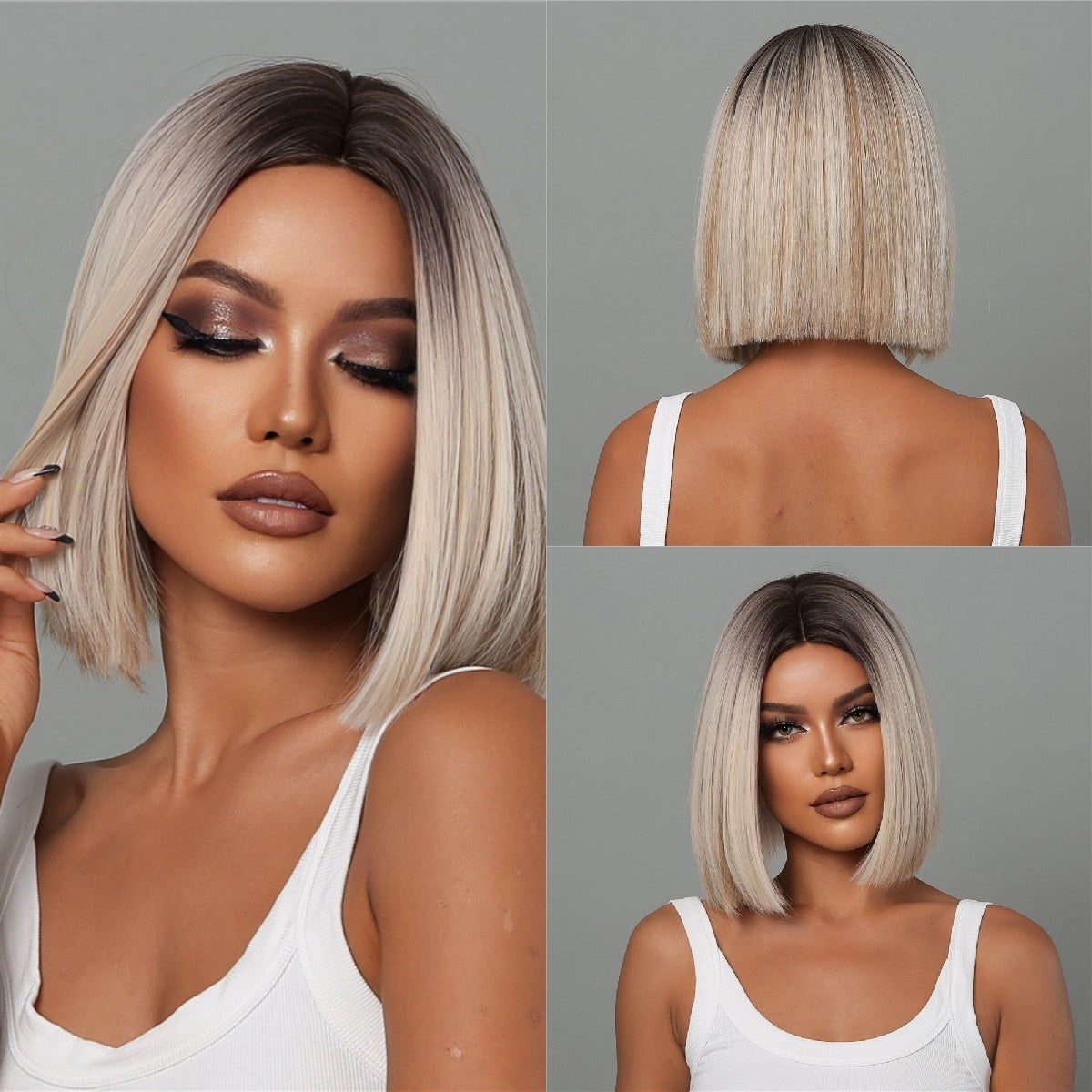 Synthetic Ombre Short Straight Bob with Bangs Wig