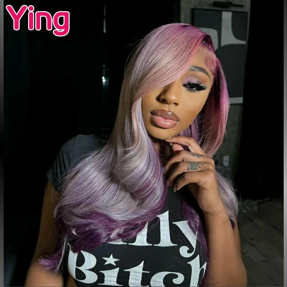 Lace Front Silver Purple Ombre Body Wave Peruvian PrePlucked With Baby Hair Wig