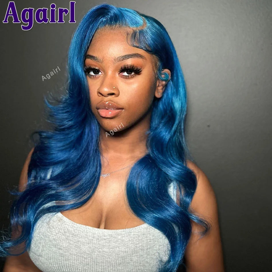 Glueless Lace Front Blue Transparent Human Hair Wigs