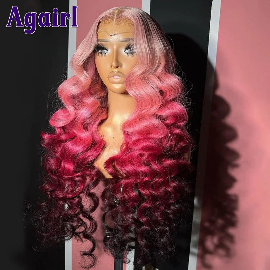 Lace Front Pre-Plucked Ombre Blonde Pink Loose Wave Brazilian Virgin Human Hair Wigs