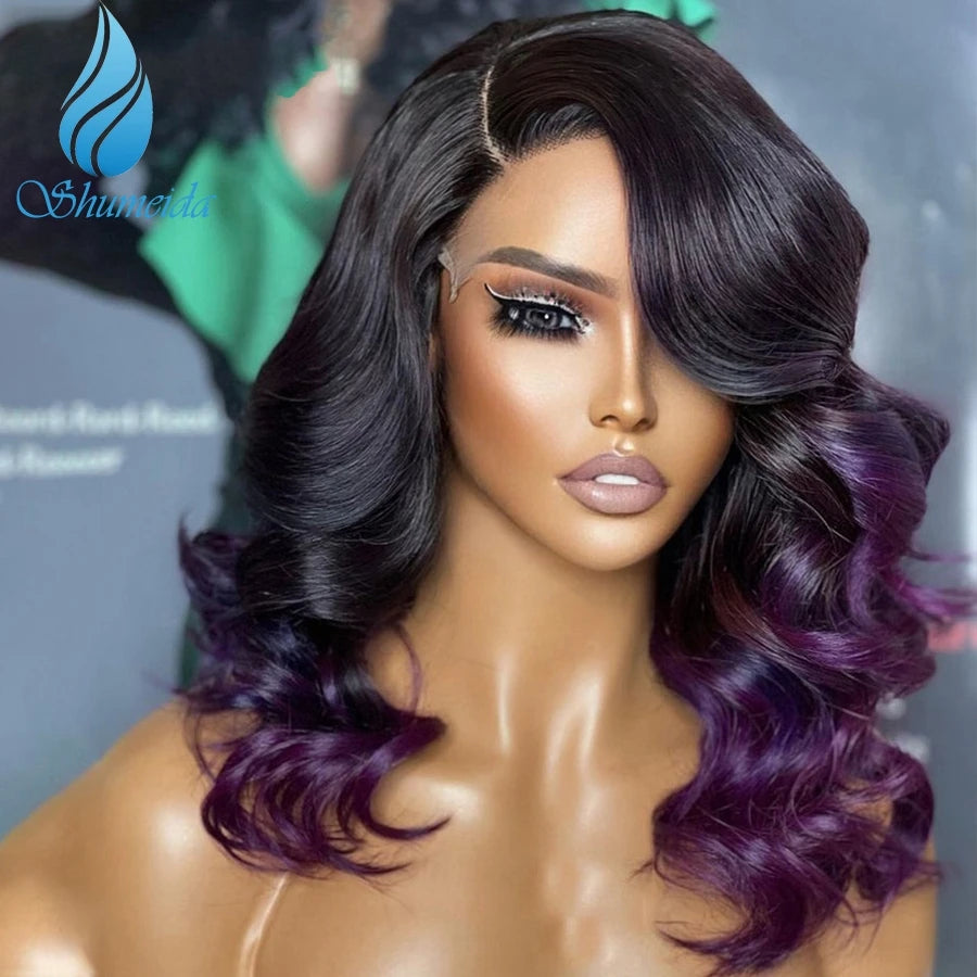 Glueless Lace Front Ombre Purple PrePlucked Baby Hair Human Remy Peruvian Hair  Wigs