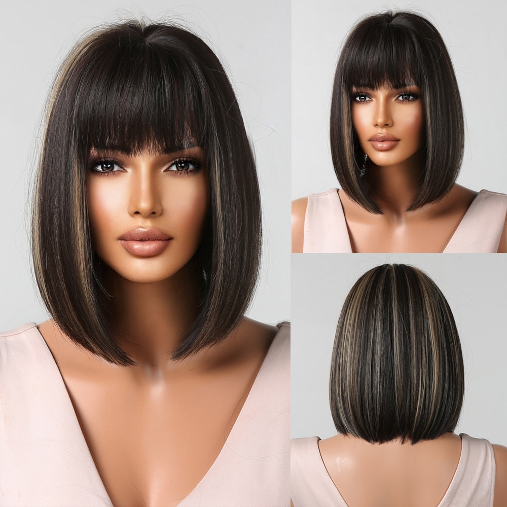 Synthetic Ombre Short Straight Bob with Bangs Wig