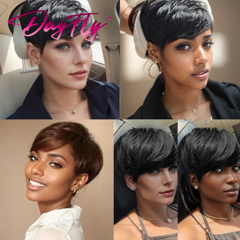 Pixie Cut Brazilian Human Hair With Bangs Wigs