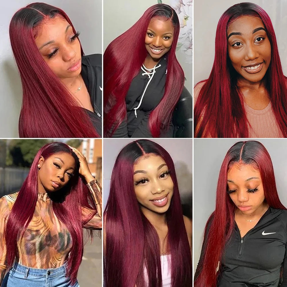 Lace Closure Glueless PrePlucked Burgundy Straight Human Hair Wigs