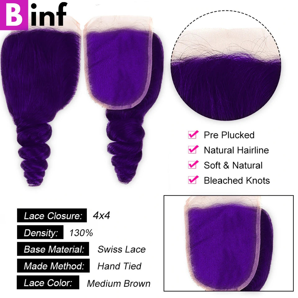 Lace Frontal Preplucked Purple Loose Wave  Remy Bundles with Closure