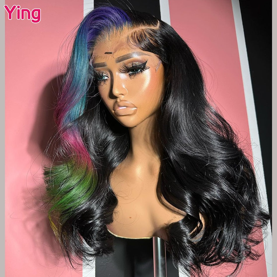 Lace Front PrePlucked Highlight Blue With Pink Body Wave Human Hair Wig