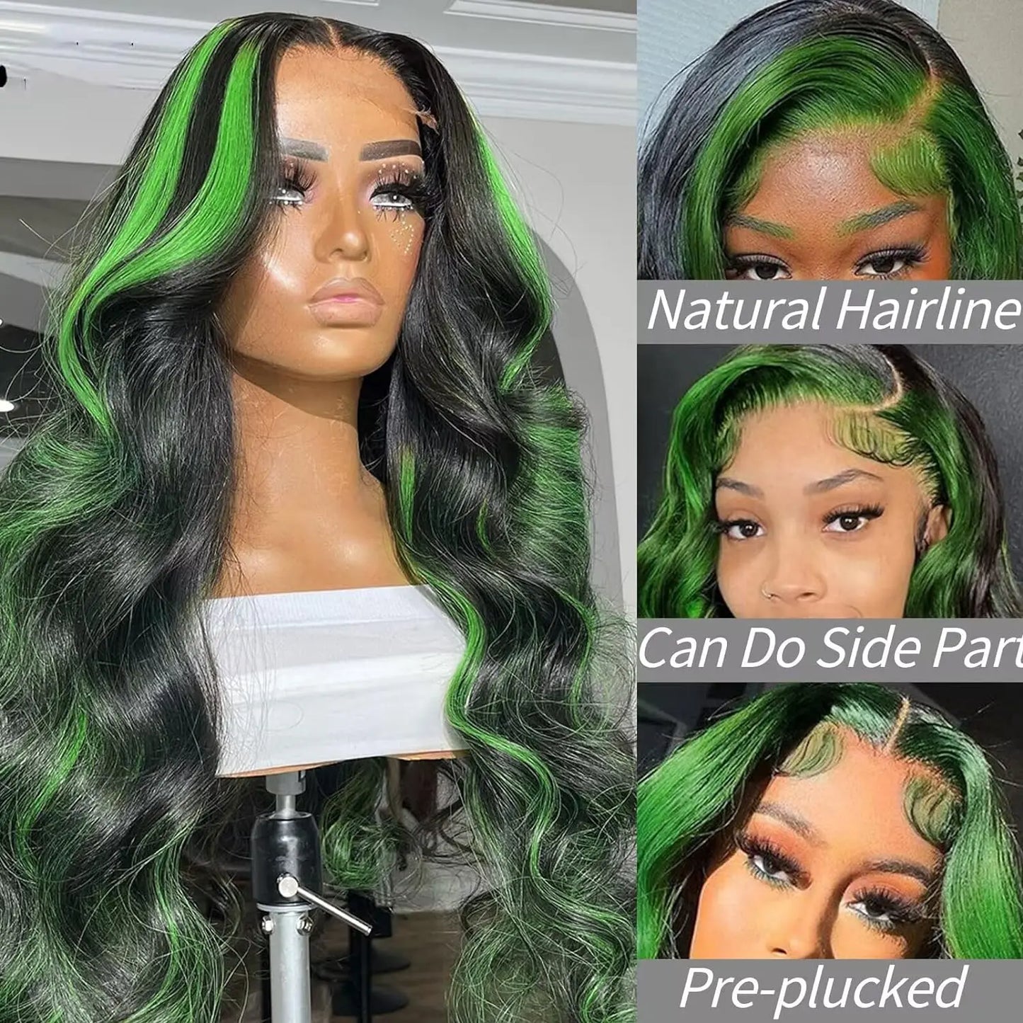 Synthetic Lace Front Pre-Plucked Green Highlight  Wig