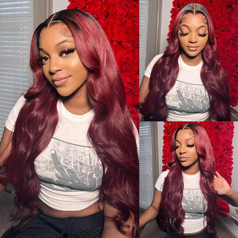 Lace Closure Burgundy Body Wave Human Hair PrePlucked Wigs