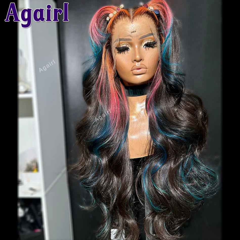 Lace Front Transparent Highlight Pink Blue Body Wave  Human Hair Wigs