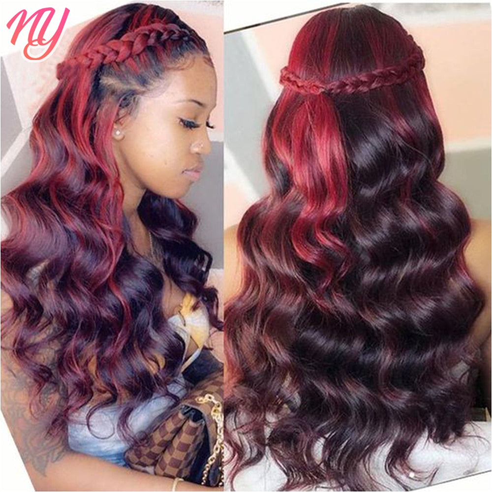 Lace Front Highlight Human Hair Black/Burgundy Body Wave  Wigs