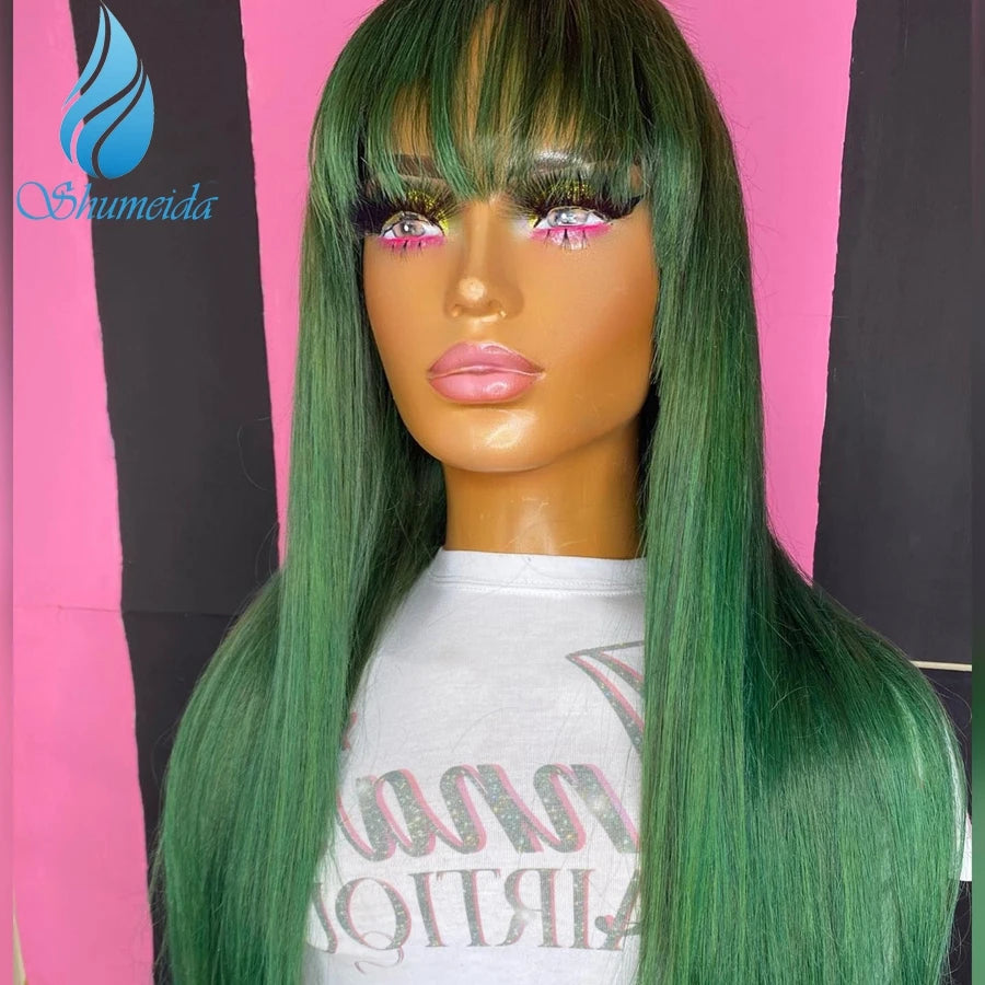 Glueless Lace Front Pre-Plucked Green with Bangs Brazilian Human Remy Baby Hair Wigs