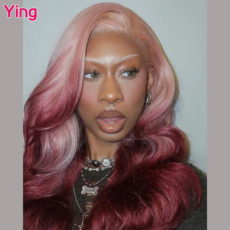 Lace Front PrePlucked Pink Jujube Red Omber Body Wave Human Peruvian Remy Hair Wig