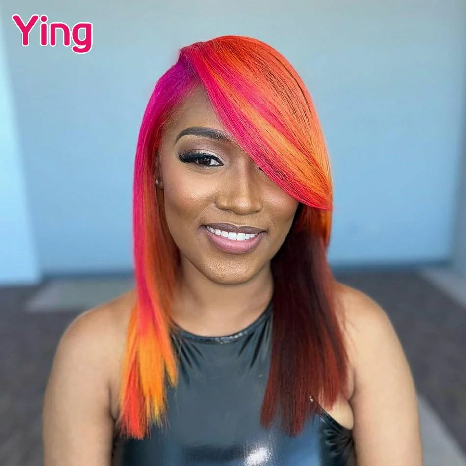 Lace Front PrePlucked Highlight Rose Orange Burgundy Straight Human Hair Wig