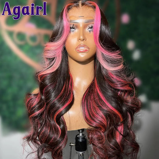 Lace Frontal Highlight Ombre Pink Human Hair Body Wave Wig