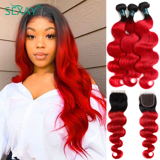 Red Ombre Body Wave Brazilian  Human Hair Weave Bundles With Closure