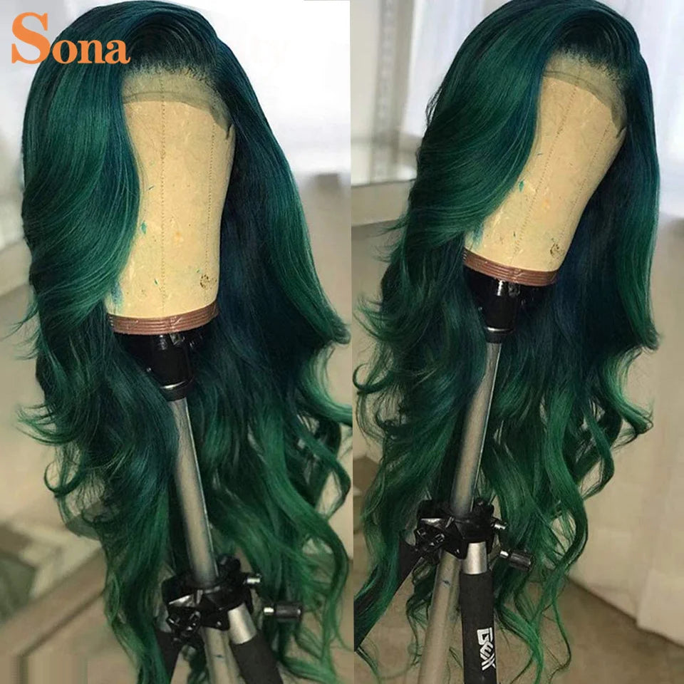 Lace Front Dark Green  Human Hair Pre-Plucked Wig