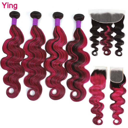 Highlight Pink Body Wave Remy Hair Weave 4 Bundles With Lace Closure