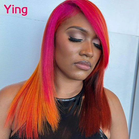 Lace Front PrePlucked Highlight Rose Orange Burgundy Straight Human Hair Wig