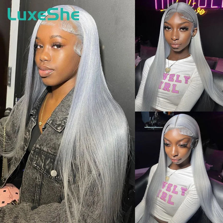 Lace Front Grey Straight Brazilian Human Hair Wigs