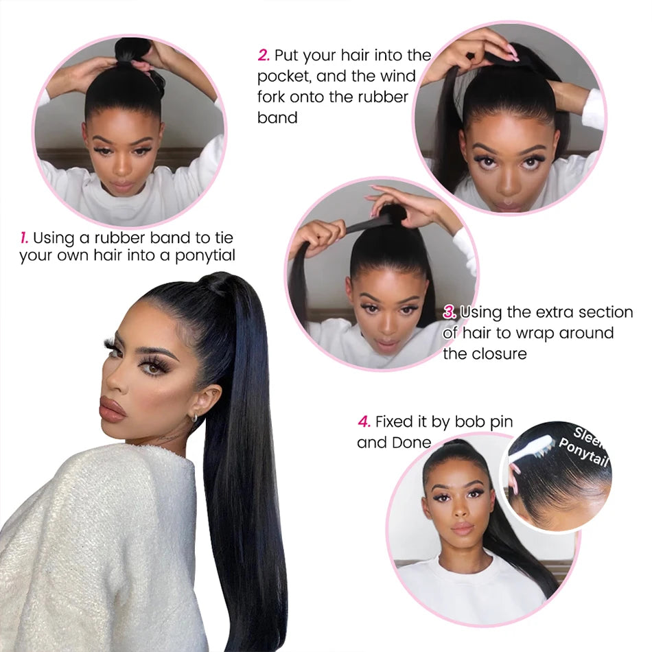 Straight Human Remy  Hair Wrap-Around Ponytail Extension