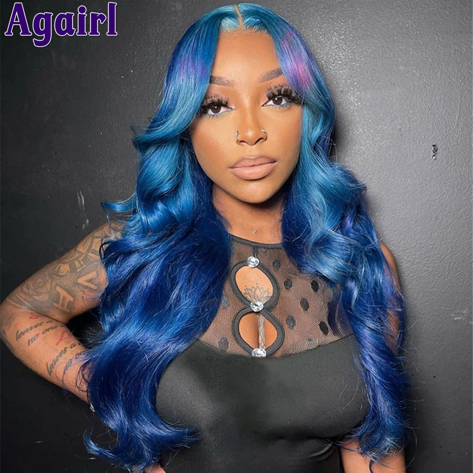 Lace Front Blue Purple Ombre  Body Wave Human Hair Wigs