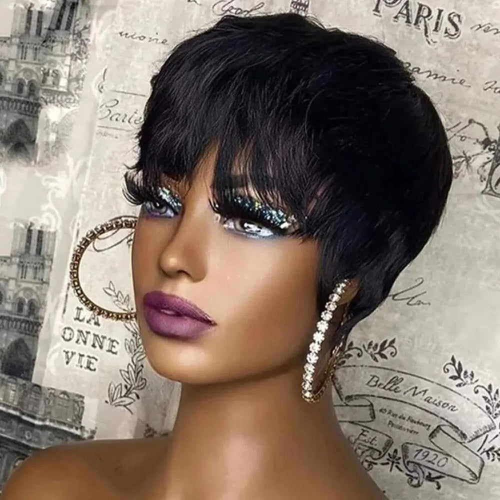 Glueless Short Pixie Cut Human Hair With Bangs Wigs