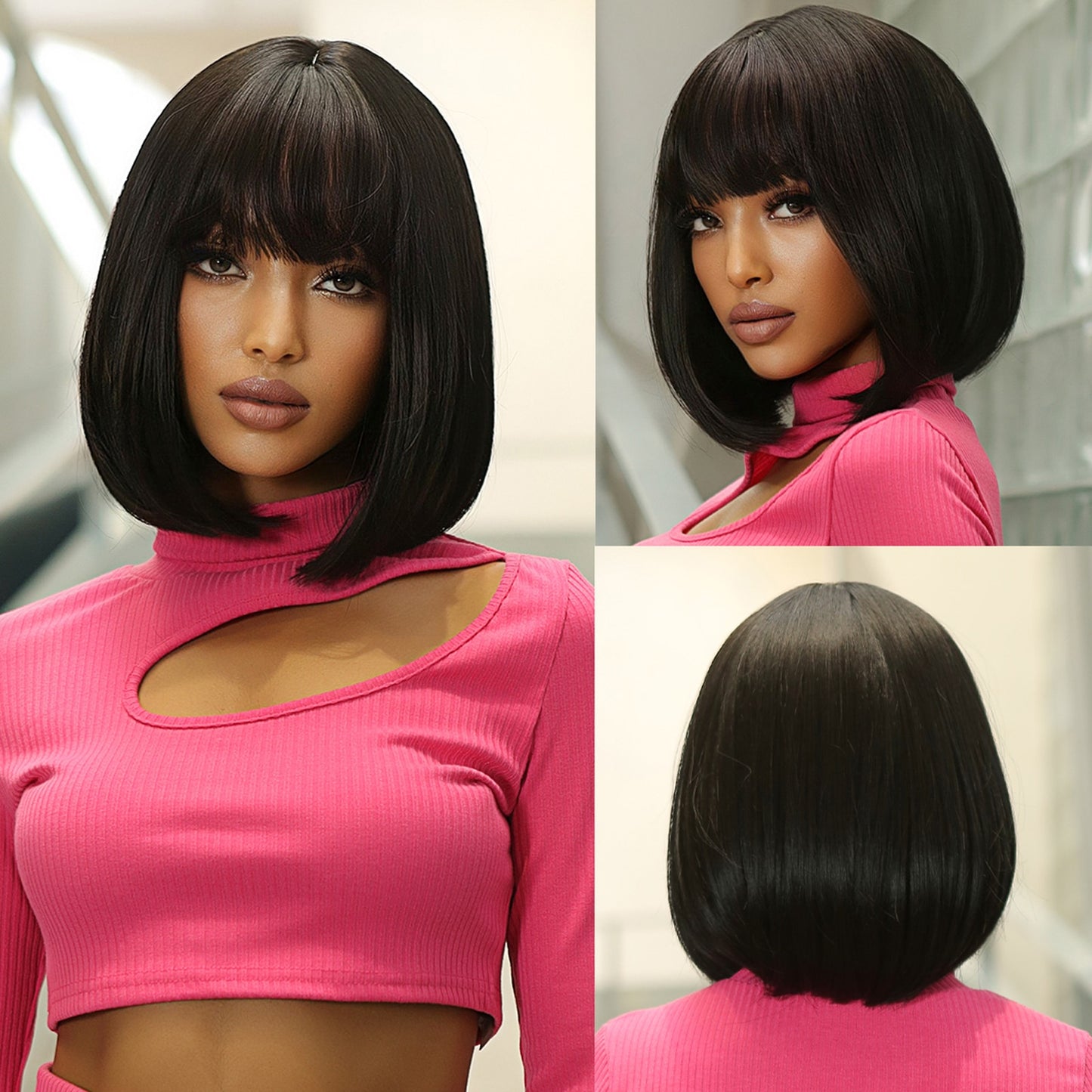 Synthetic Ombre Short Straight Bob with Bangs Wig