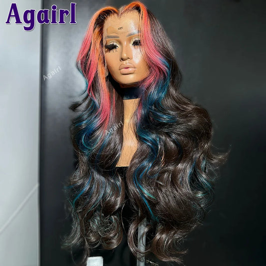 Lace Front Transparent Highlight Pink Blue Body Wave  Human Hair Wigs