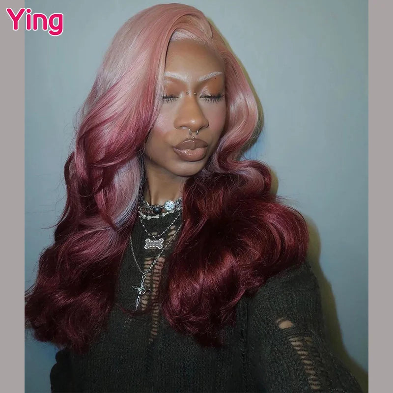 Lace Front PrePlucked Pink Jujube Red Omber Body Wave Human Peruvian Remy Hair Wig