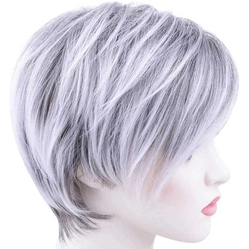 Synthetic Heat Resistant Pixie Cut Silver Grey With Bangs Wig