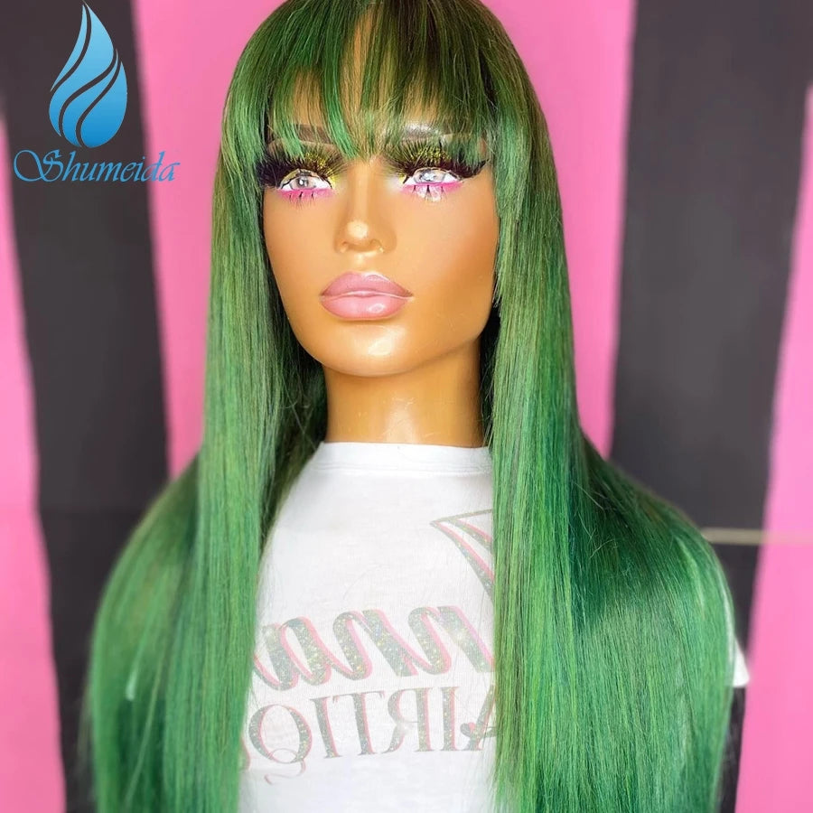 Glueless Lace Front Pre-Plucked Green with Bangs Brazilian Human Remy Baby Hair Wigs