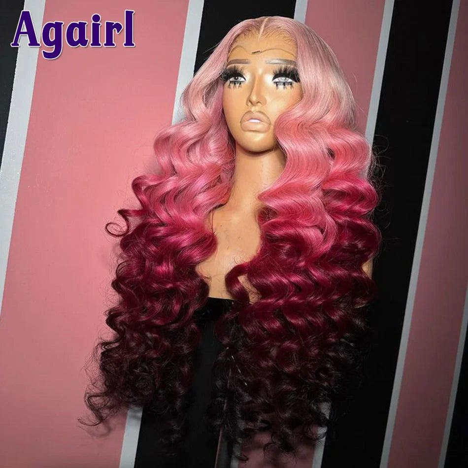 Lace Front Pre-Plucked Ombre Blonde Pink Loose Wave Brazilian Virgin Human Hair Wigs