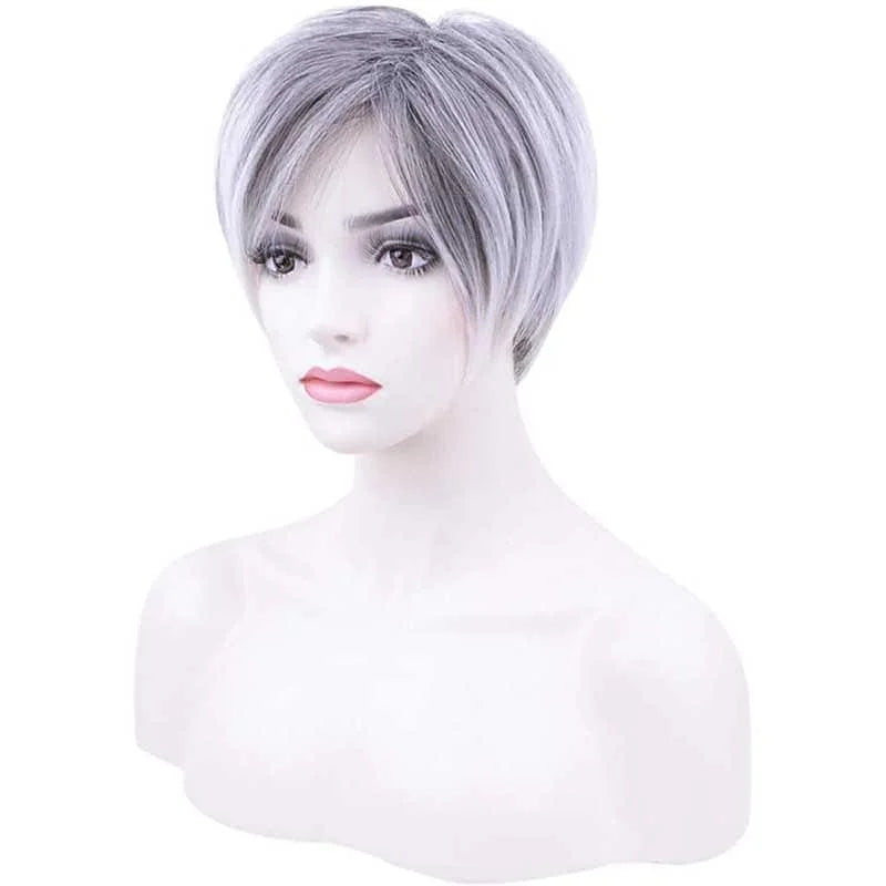 Synthetic Heat Resistant Pixie Cut Silver Grey With Bangs Wig