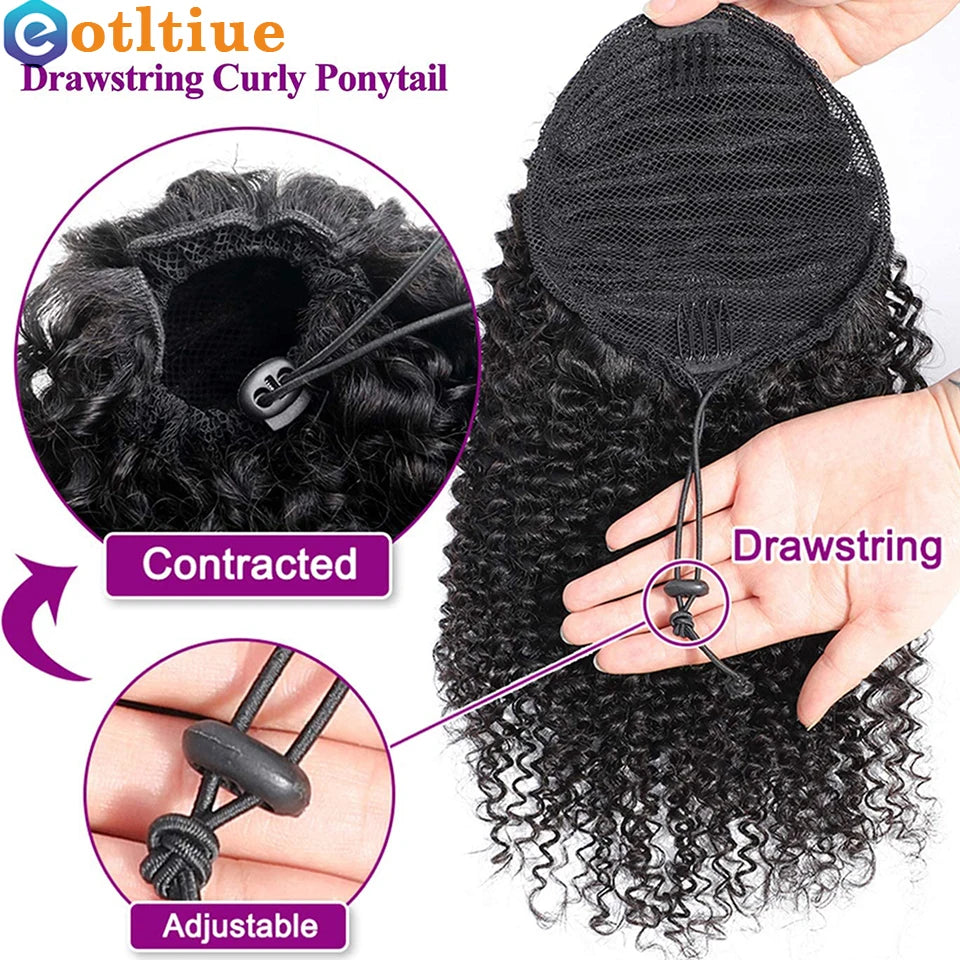 Ponytail Brazilian Human Hair Kinky Curly Hair Extensions Drawstring