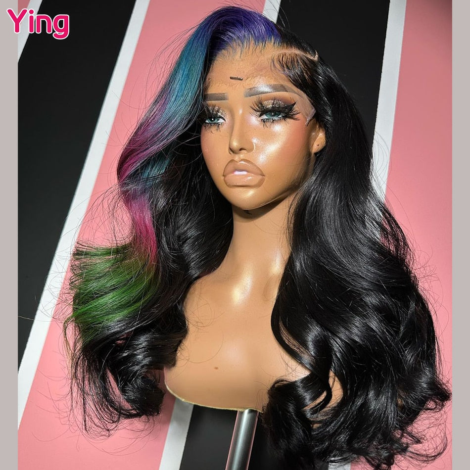 Lace Front PrePlucked Highlight Blue With Pink Body Wave Human Hair Wig