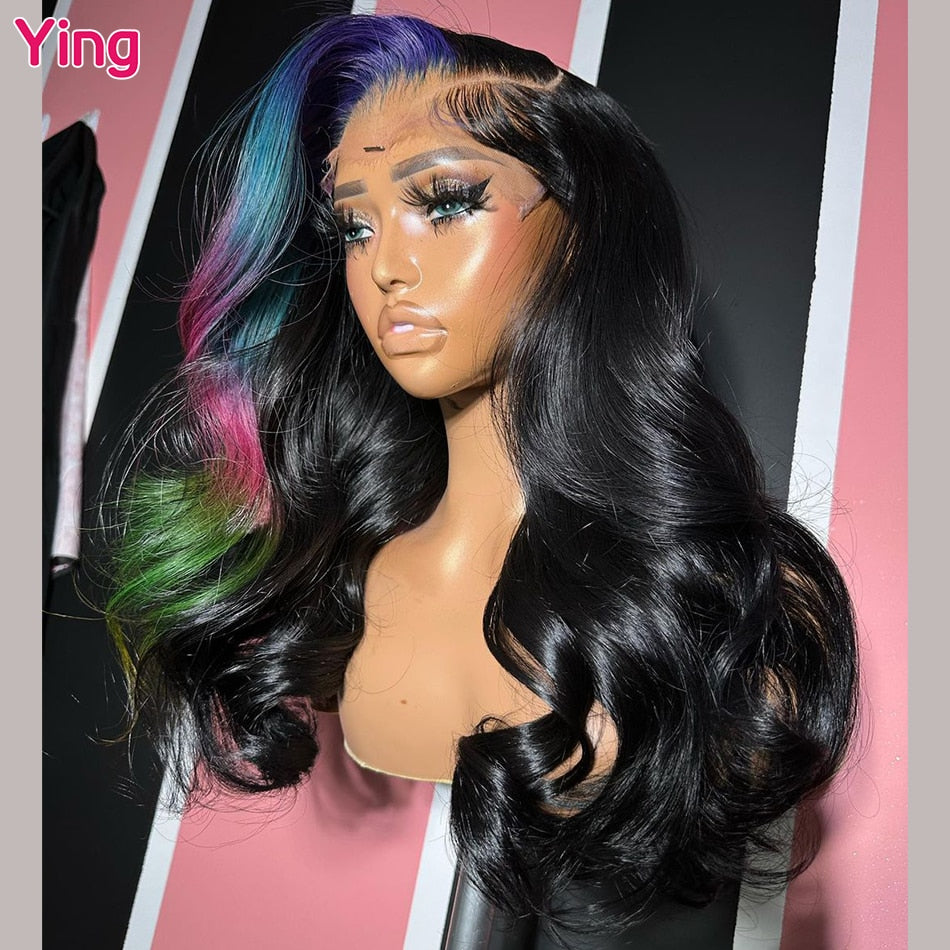 Lace Front PrePlucked Highlight Blue With Pink Body Wave Human Hair Wig