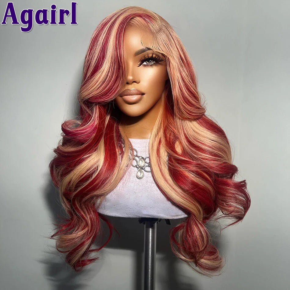 Lace Front Pre-Plucked Pomegranate Blonde Highlight  Human Hair Wigs