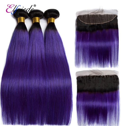 Ombre Purple Straight Hair Bundles with Frontal Human Hair Weaves