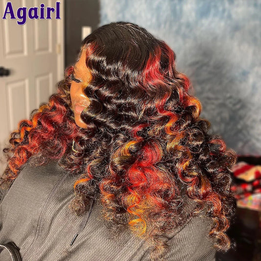 Lace Front Red Orange With Black Highlight Loose Wave Human Hair Wigs