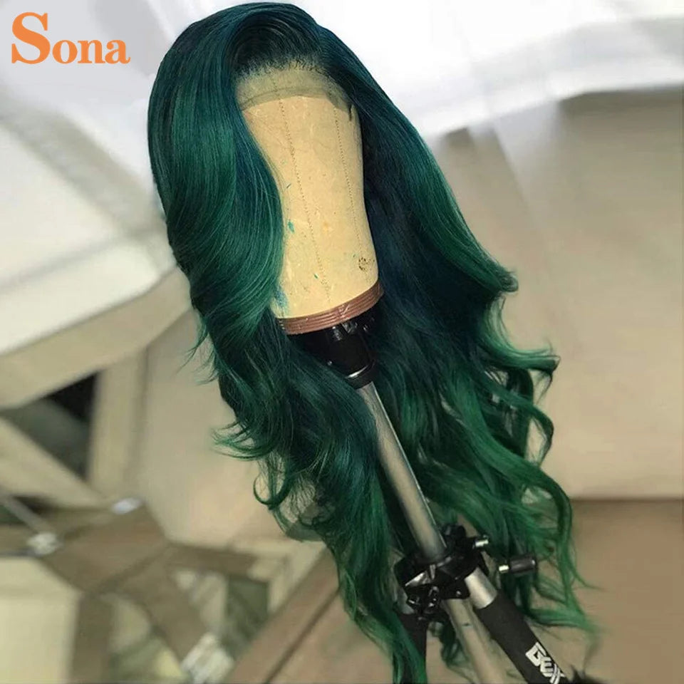 Lace Front Dark Green  Human Hair Pre-Plucked Wig