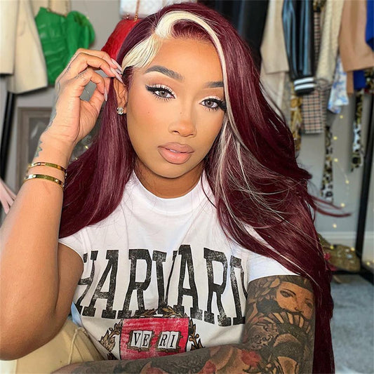 Lace Front Burgundy With Blonde and Red Stripe Pre-Plucked Human Hair Wigs