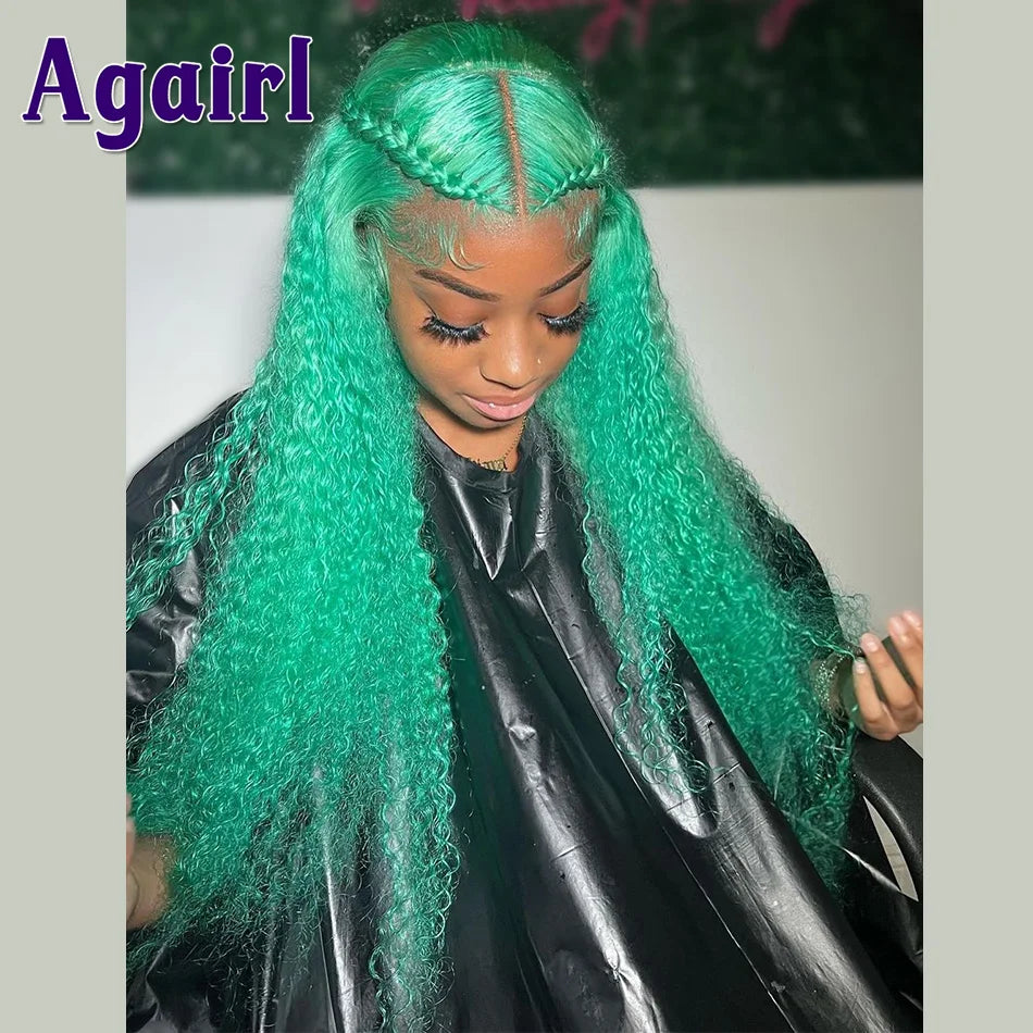 Lace Front Mint Green  Curly Brazilian Human Hair Wigs